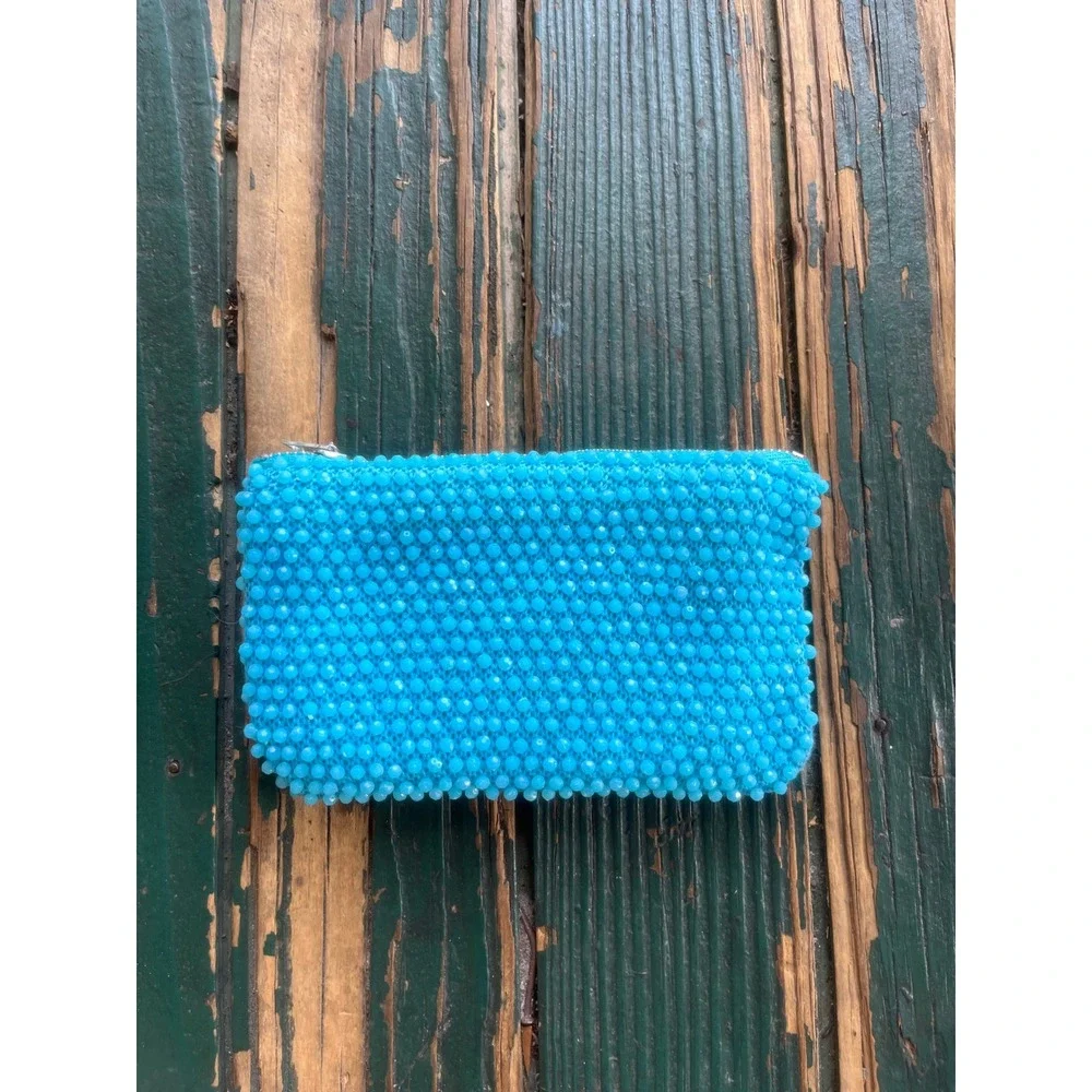 Vintage Turquoise Blue Beaded Zipper Pouch Set Coin‎ Purse Makeup Bag 2pc